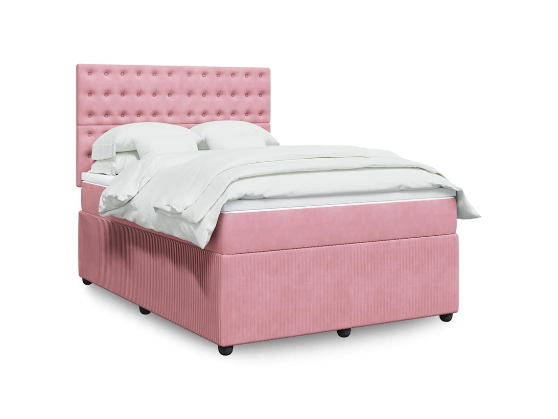 Cama Box Spring Con Colchón Terciopelo Rosa 160x200 Cm