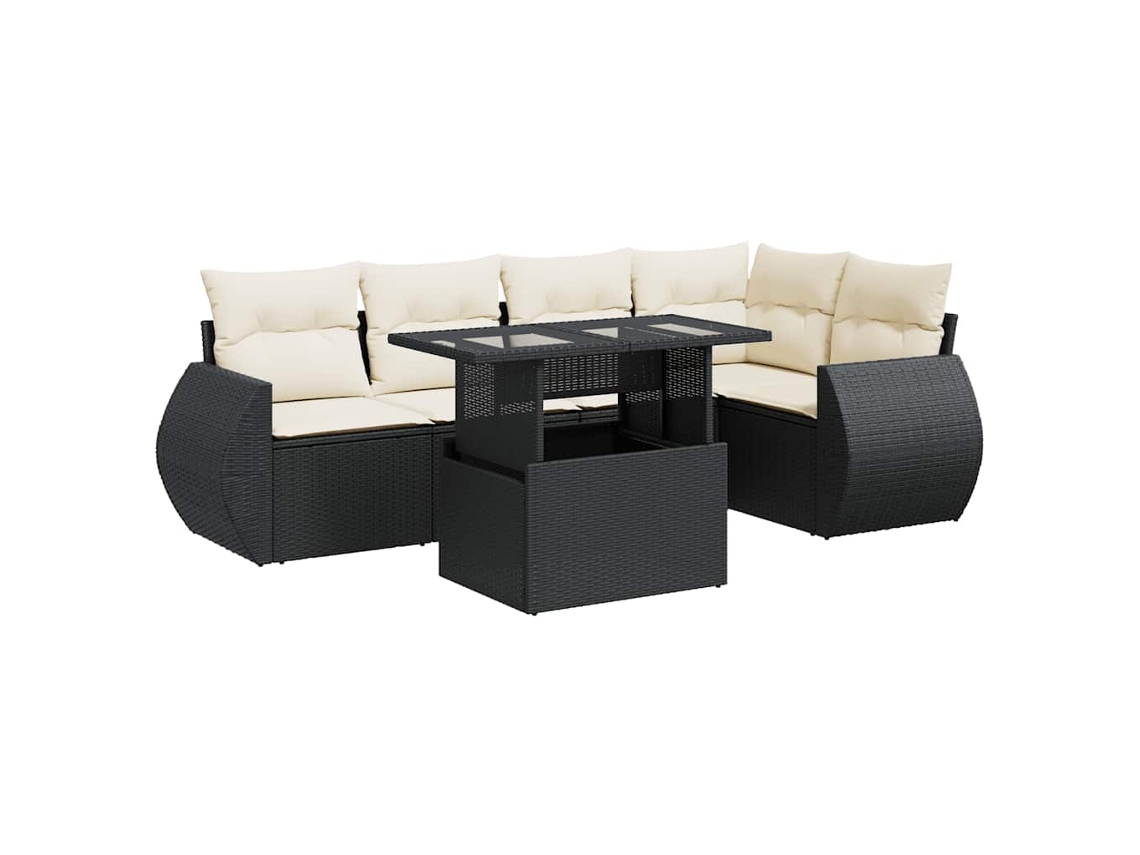 Conjunto de sofá de jardín de 6 piezas con cojines de mimbre, negro, EXCLUSIVO DE LA CASA (6 piezas)