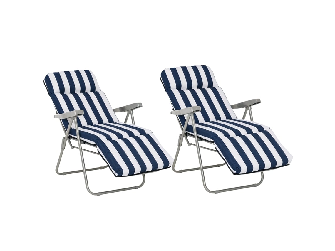 2 Espreguiçadeiras Jardim Dobráveis Aço Almofada Encosto 5 Posições Apoio Pés 60x75x50-102cm Azul Branco