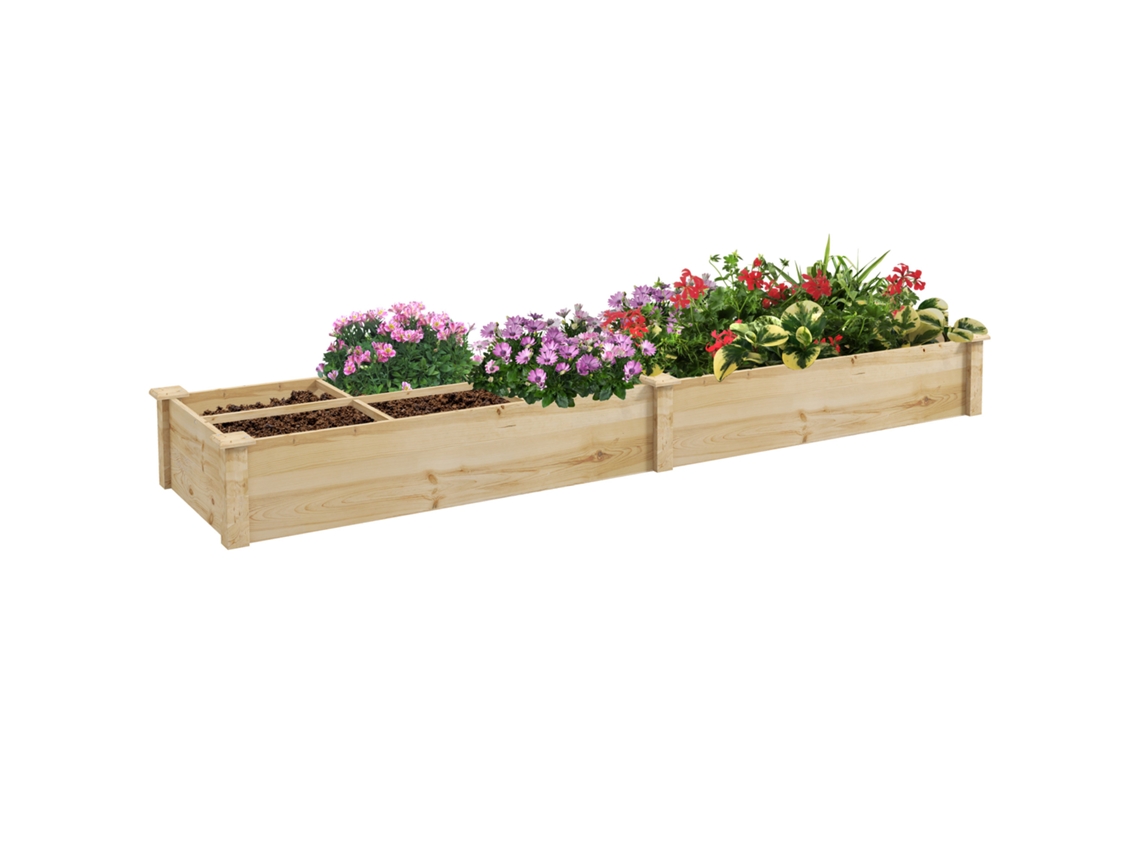 Huerto elevado para huertos y macizos de flores con separador interno y parte trasera abierta. 237 x 60 x 25 cm. Madera natural.
