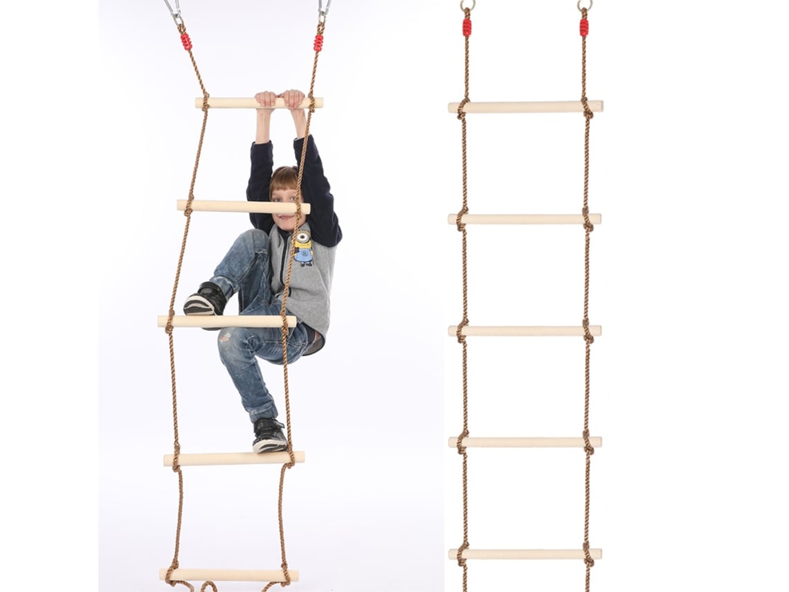Escalera De Cuerda Infantil Con Peldaños De Madera Para Uso Interior Y Exterior. Dimensiones: 30 Cm De Largo X 2,5 Cm De Ancho X 1,8 M De Alto.