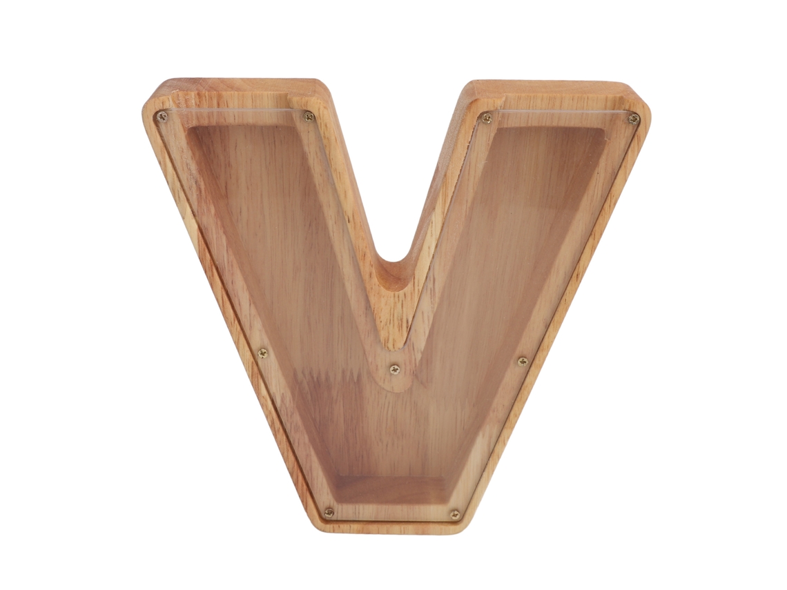 Caja de madera para ahorros con diseño de la letra V y diseño calado.