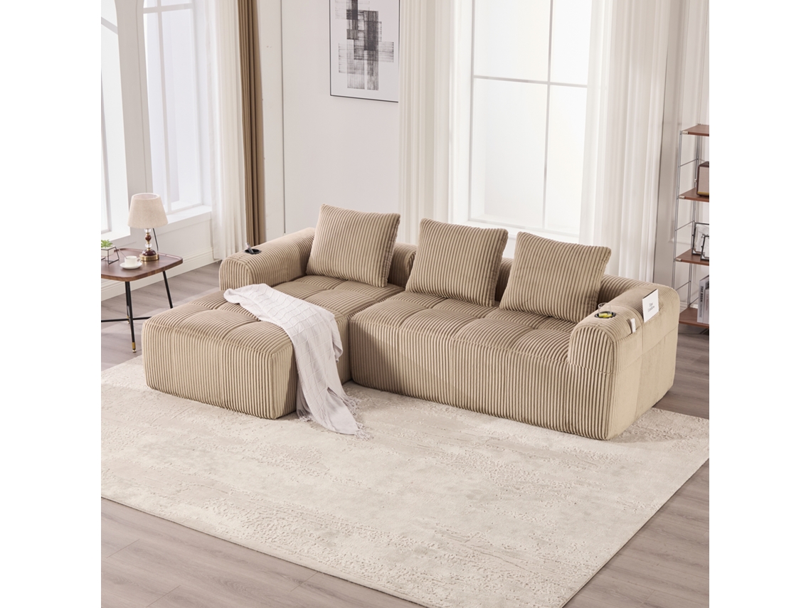 Sofá Compacto 4 Plazas - Modular, Con Bolsillo Lateral Y Portavasos - Khaki