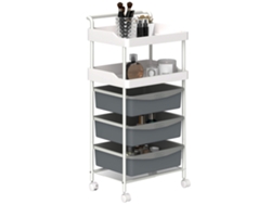 Carrito de cocina blanco de 5 niveles, 40x34x85cm, 2 bandejas fijas + 3 bandejas deslizantes, ruedas de acero, PP, ahorrador de espacio.