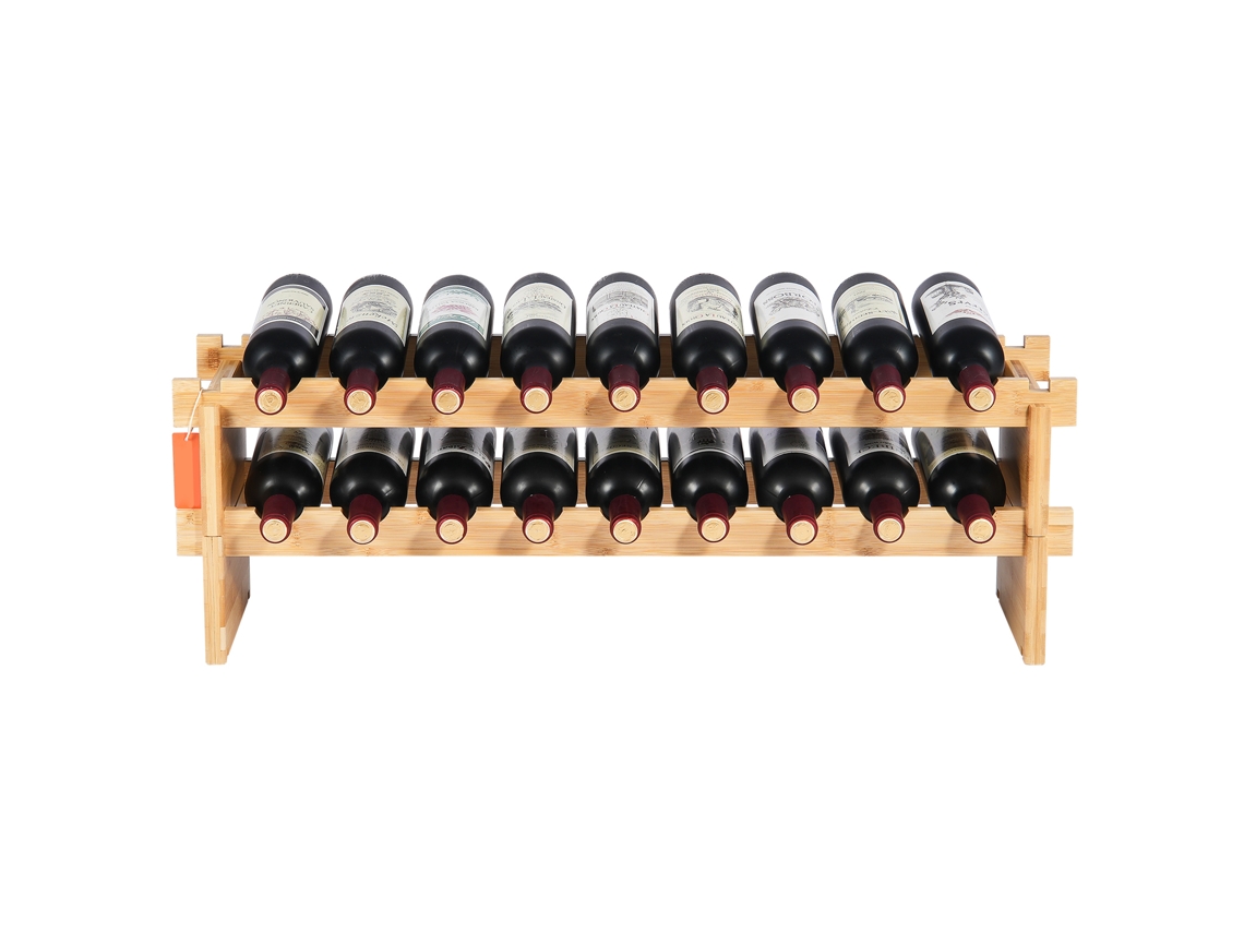 Botellero modular apilable de 2 niveles Succebuy para 18 botellas, de madera de bambú natural