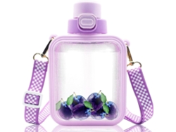 Botella De Agua Cuadrada Kawaii Con Pajita Y Asa Ajustable, Botella De Agua Deportiva Portátil Con Adhesivo De Dibujo Animado. Rosewell