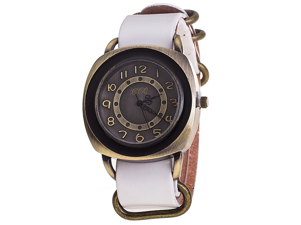 Reloj De Pulsera Unisex Ccq Punk Retro, Estilo Antiguo, Correa De Pu, Esfera Blanca Simple.
