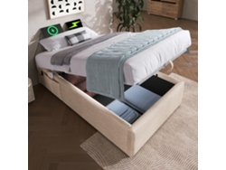 Cama 90x190cm De Lino, Elevación Hidráulica, Cargador Usb-c, Base De Madera Maciza, Sin Colchón, Sin Cabecero, Color Natural