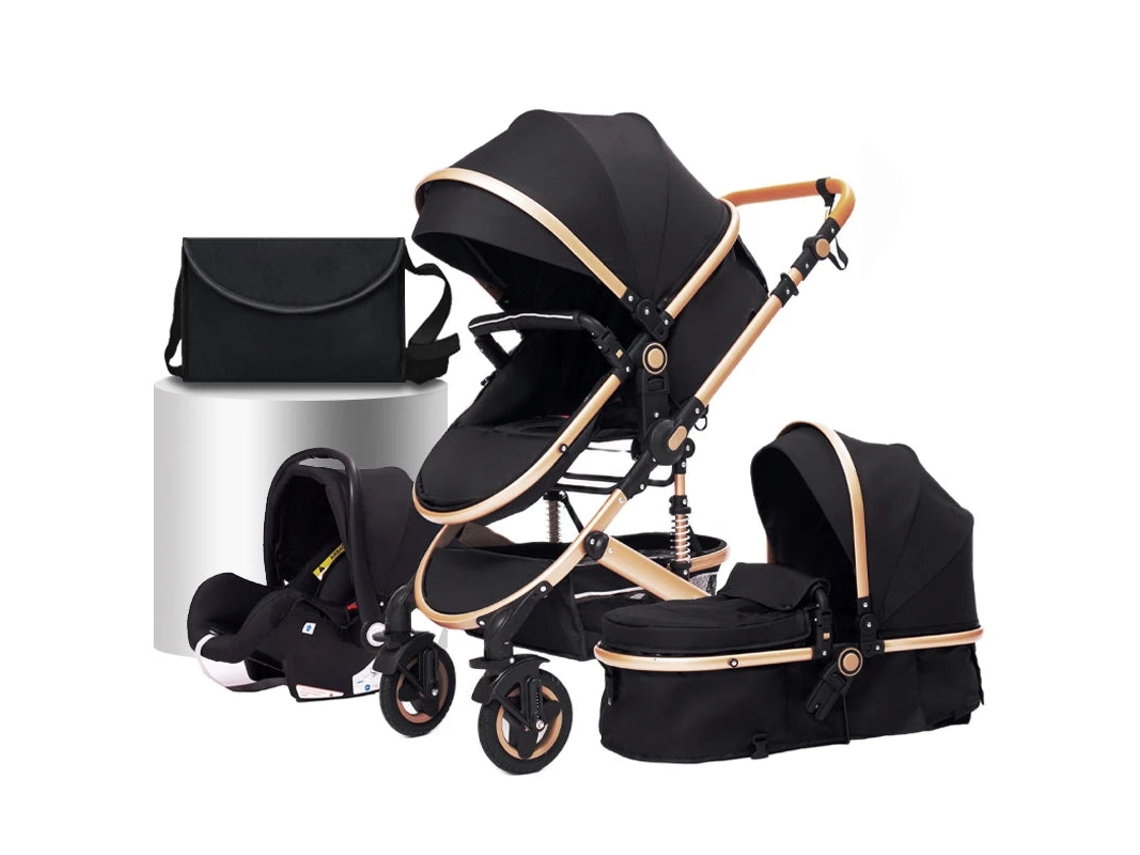 Carrito De Bebé 3 En 1, Sistema De Viaje Ajustable Con Paisaje, Plegable, Negro Y Dorado Oem