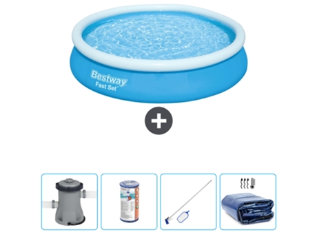 Piscina hinchable redonda Fast Set BESTWAY - 366 x 76 cm - Azul - Bomba incluida Filtrar - kit de limpieza - Vela solar