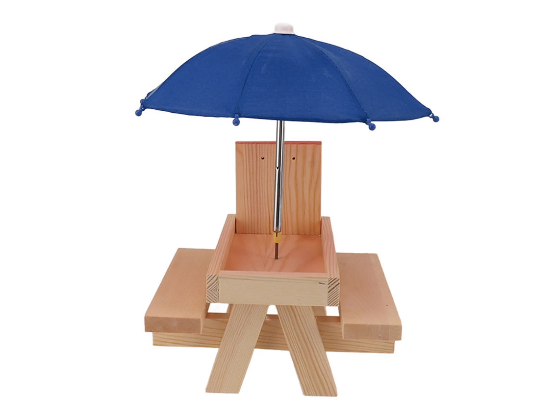 Mesa De Alimentación Para Ardillas De Madera De Pino Con Sombrilla Azul Para Jardín Exterior.