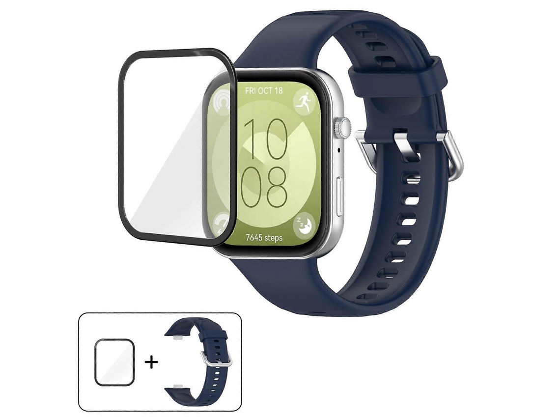 Pulsera de silicona con hebilla de acero plateado y protector de pantalla curvo 3D.