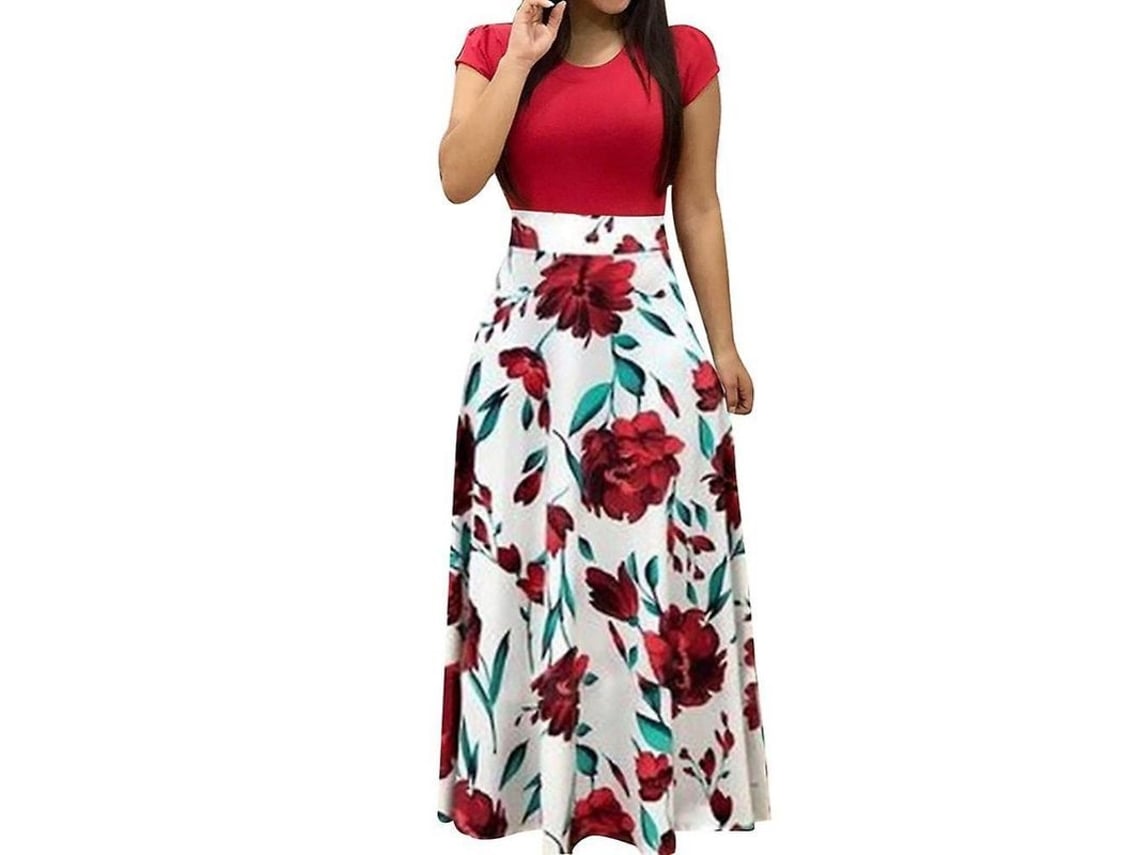2026-5129-vestido Largo De Manga Corta Cuello Redondo Con Estampado Floral Para Mujer Fiesta Playa S Rojo