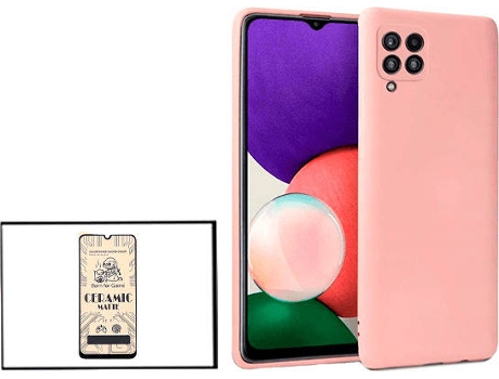 Kit Cristal Templado CeramicGlass Full Cover y Funda Silicona Samsung Galaxy M22 PHONECARE Rosa