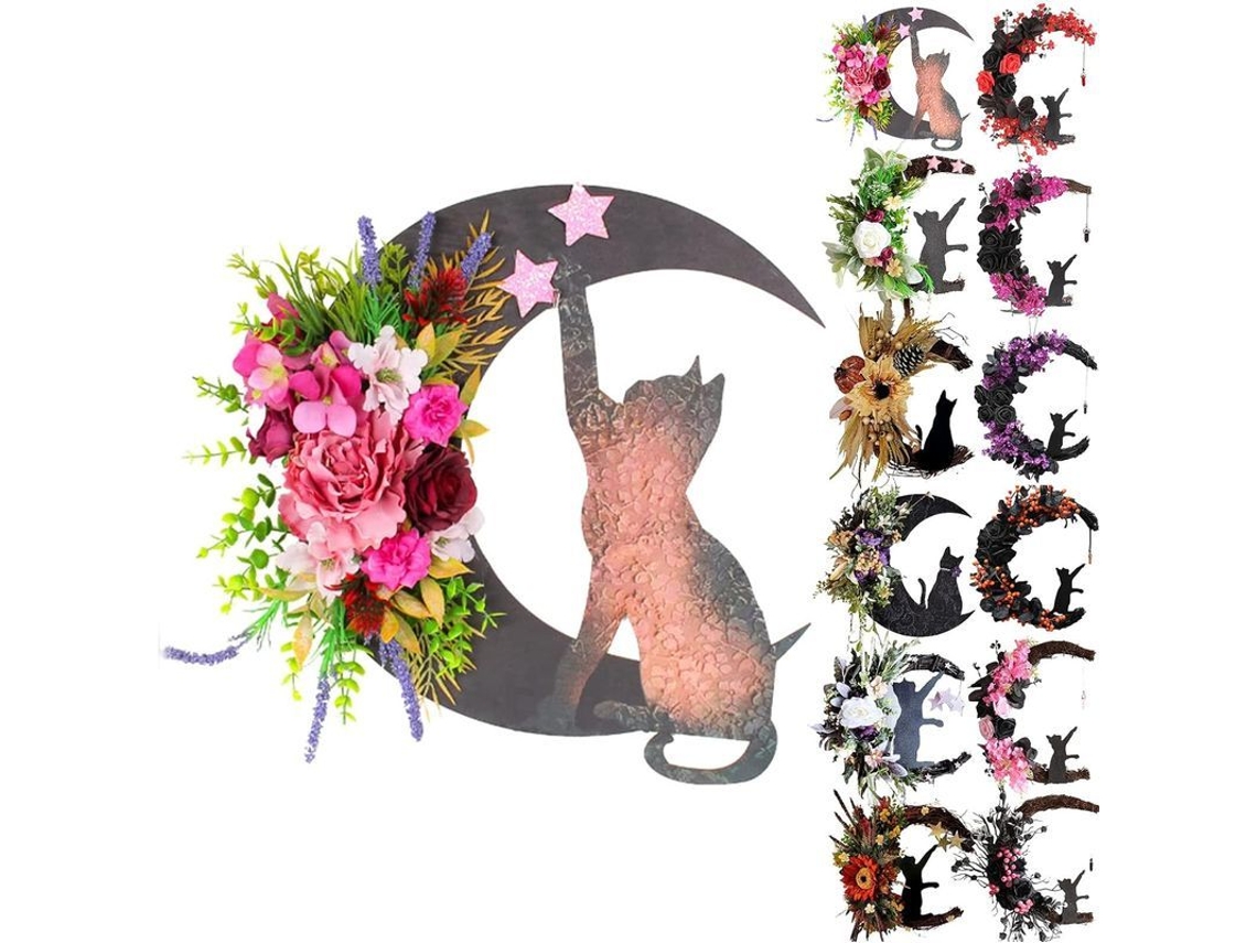 Corona De Luna De Halloween Con Gato Negro Decorativo Para La Puerta Principal, Corona De Rosas Góticas Y Gato Bruja