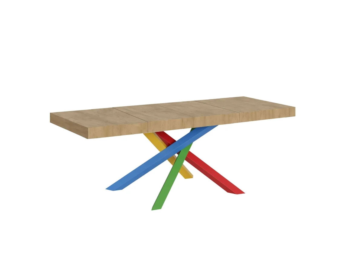 Mesa extensible Volantis Premium de roble natural 200/460x90 cm, patas multicolor, 4 unidades, Itamoby