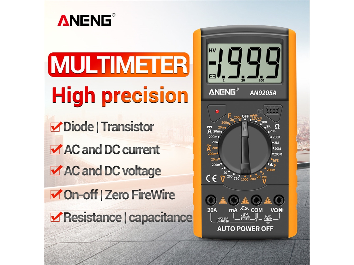 Multímetro Digital Lcd Aneng An9205a De 3 1/2" Con 1999 Cuentas, Rango Manual, Retroiluminación, Prueba Ncv Y Amperímetro Amarillo.