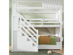 Litera infantil de 90 x 200 cm con escalera de almacenaje, 2 cajones y estantes de madera.