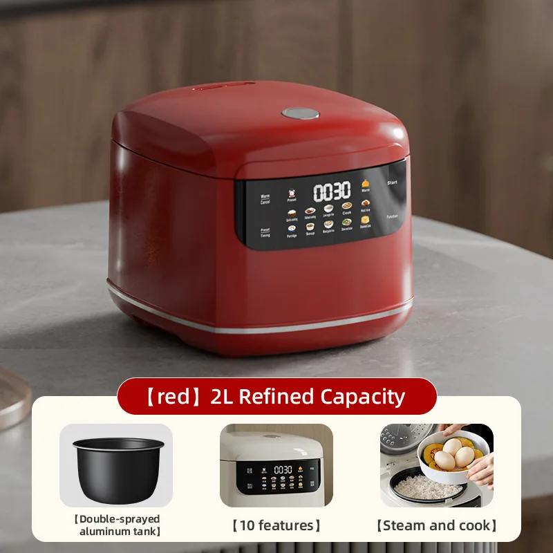 (vermelho) Panela De Arroz Inteligente De 2 Litros, Cozinha Sopa, Mingau E No Vapor, Com Função De Temporizador.