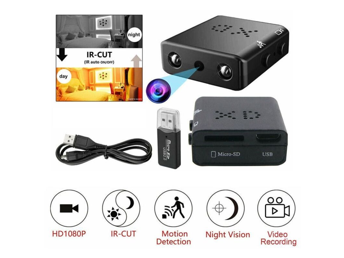Minicámara espía oculta HD 1080p para seguridad del hogar, visión nocturna, infrarrojos, detección de movimiento y grabación en bucle.