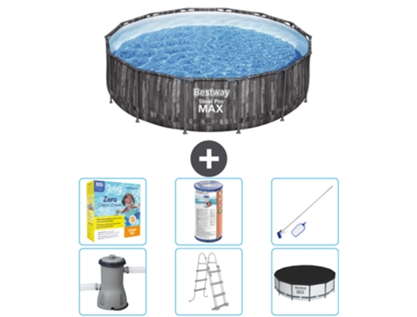 Piscina BESTWAY Round Steel Pro MAX - Impresión en madera - 427 x 107 cm - Incluye bomba - Escalera - Cobertor Accesorios CB36