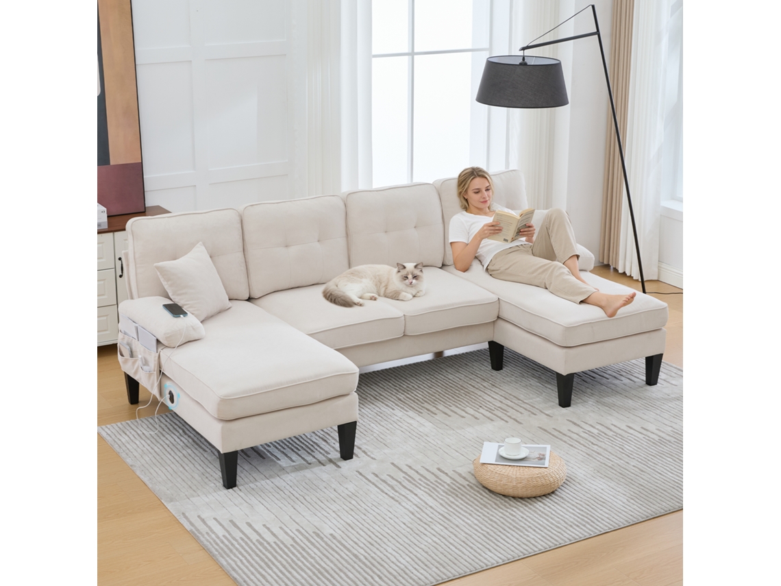 Sofá En U 4 Plazas - Lino Suave, Chaise-longues Dobles, Cojines Decorativos - Beige