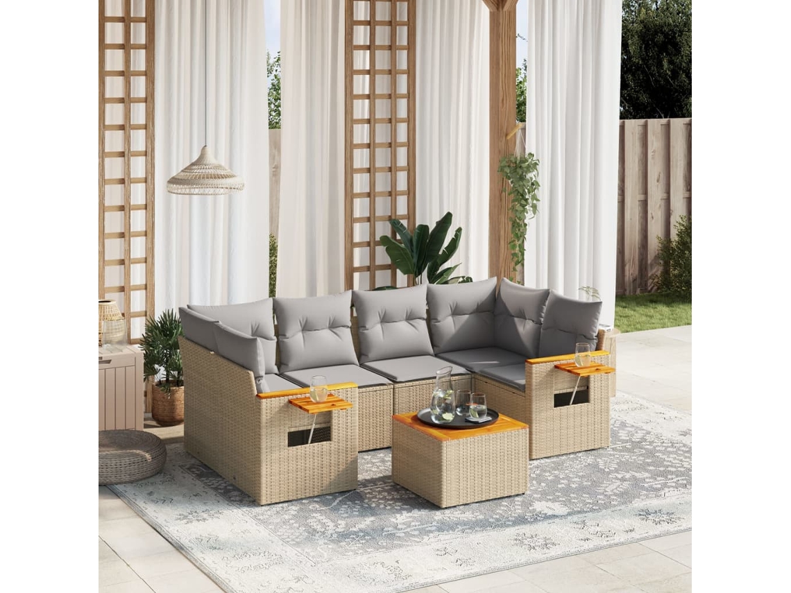 Conjunto de sofá de jardín de 7 piezas con cojines, mimbre sintético beige, Dkd Home Decor