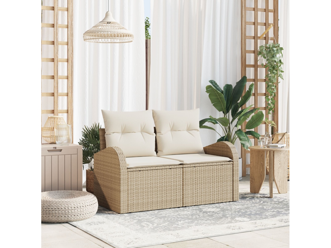 Sofá de jardín de 2 plazas con almacenaje y cojines beige en ratán sintético Lovely Home