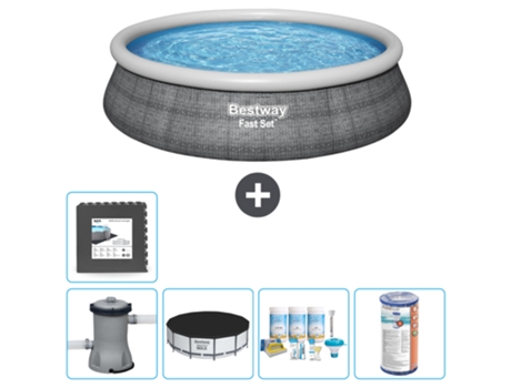 Piscina hinchable redonda Fast Set BESTWAY - Estampado ratán - 457 x 84 cm - Bomba incluida Cubrir - Paquete de mantenimiento - Filtrar - Baldosas