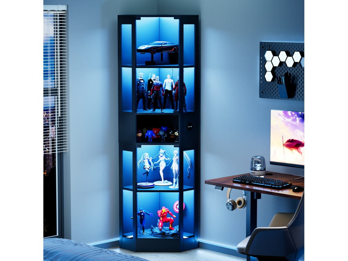 Vitrina De Cristal Con 5 Niveles, Iluminación Led, Puertas De Cristal Y Sensores - Negra