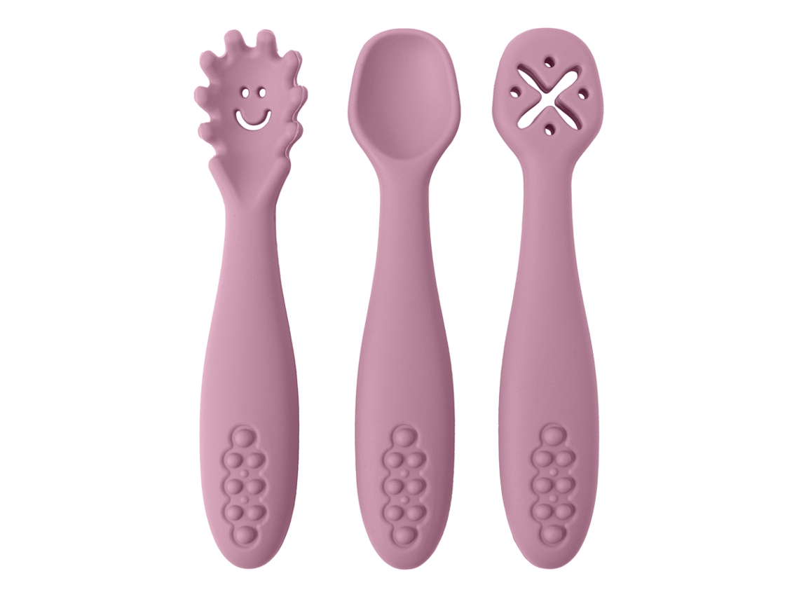 (rosa) Juego De Vajilla De Silicona Para Bebé De 3 Piezas, Que Incluye Una Cuchara Y Un Tenedor Suaves