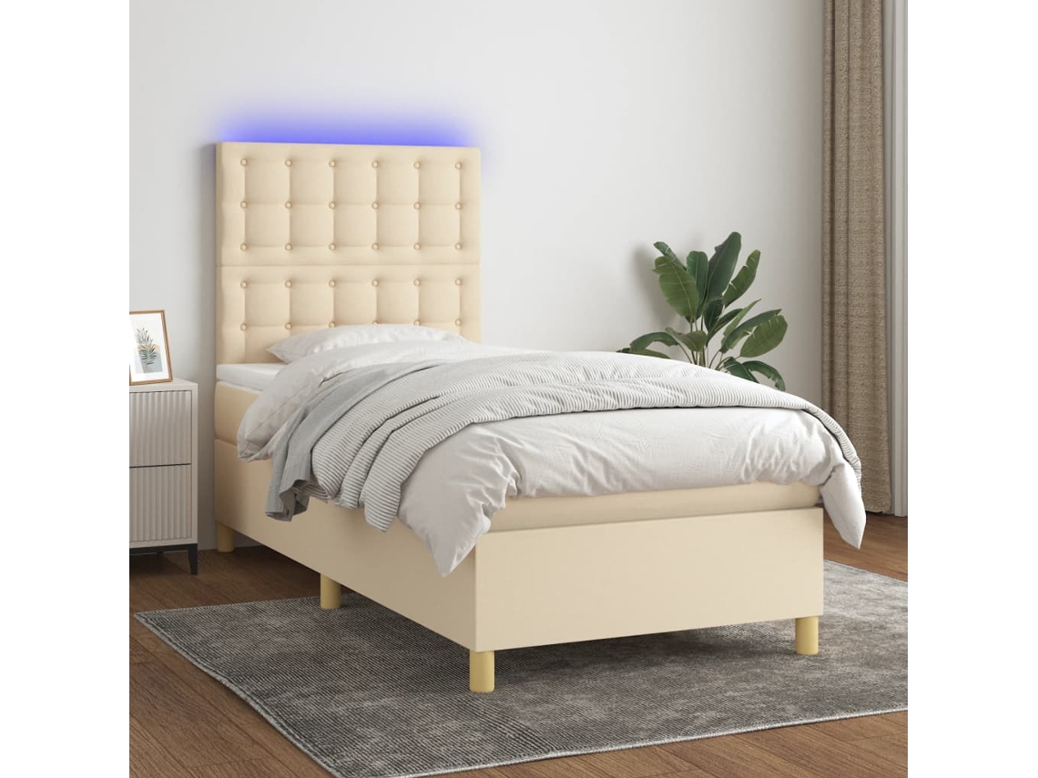 Cama Box Spring Colchón Y Luces Led Tela Crema 80x200 Cm