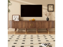 Mueble de TV de 175 cm con puerta corredera en ratán, diseño en nogal, gran espacio de almacenamiento en estilo marrón