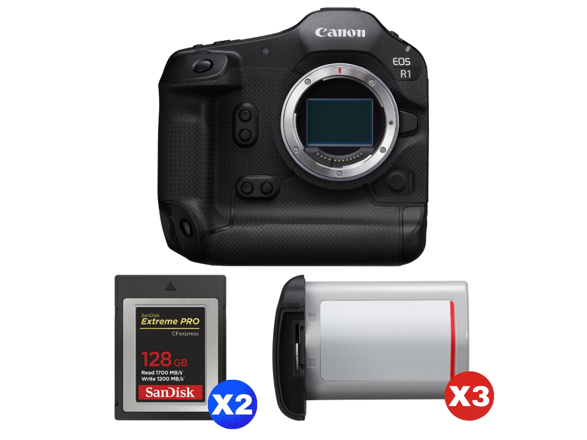 Canon EOS R1 + 2 tarjetas Sandisk Extreme Pro CFExpress Tipo B de 128 GB + 3 cámaras Canon LP e19 + libro electrónico “20 consejos para fotos impresionantes”