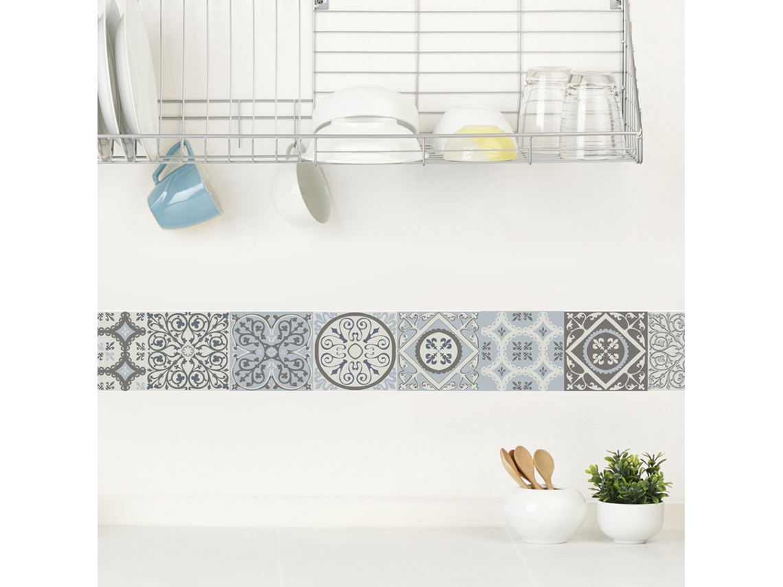 Friso Decorativo PLAGE Coimbra Imitación de Antiguas Baldosas de Cemento Azules y Grises 15 cm X 300 cm