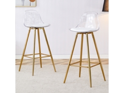 Juego de 2 taburetes altos con respaldo transparente, estructura dorada – Ideal para cafeterías, salones y mostradores.