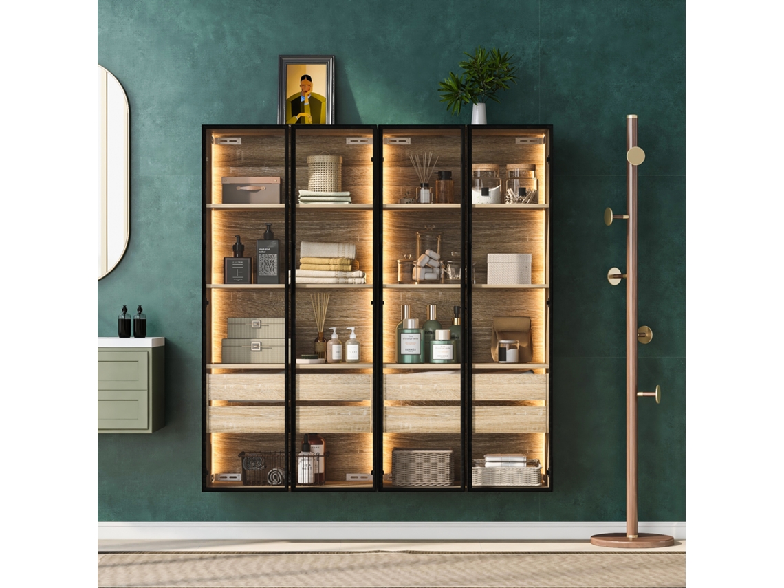 Vitrinas, Muebles de Baño con LED, 2 Cajones Grandes y 2 Puertas de Cristal Natural Estilo