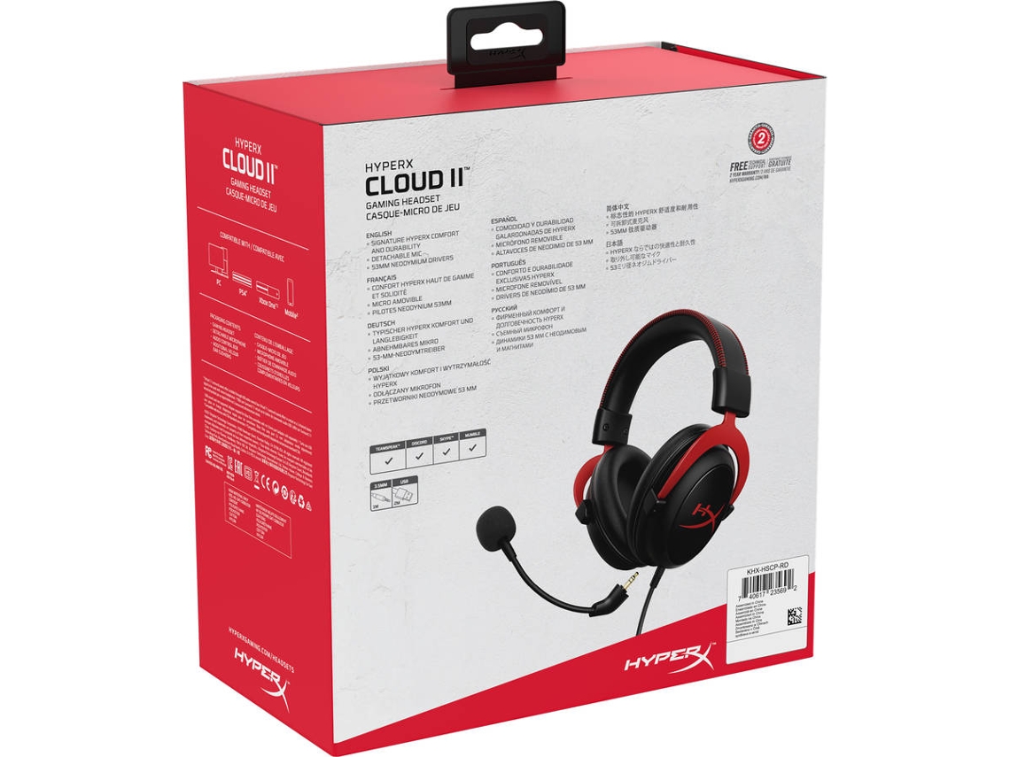 Auriculares gaming  HyperX Cloud II, De diadema, Con cable,  Multiplataforma, Tecnología 7.1, Rojo