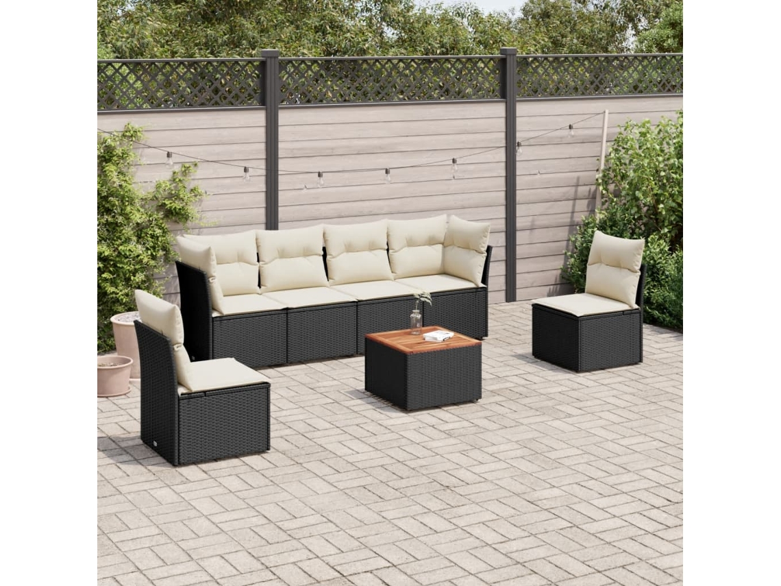 Conjunto de sofá de jardín de 7 piezas con cojines, ratán negro, Dkd Home Decor