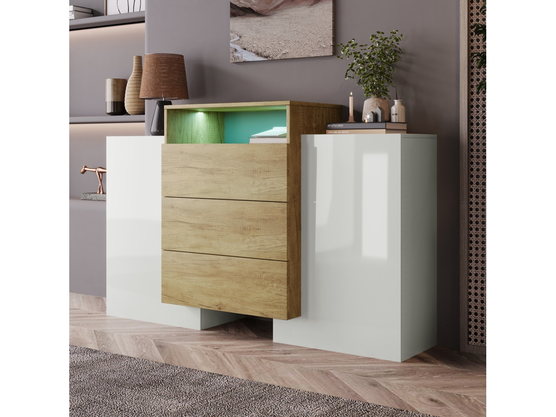 Aparador Moderno Blanco 140cm Led Multicolor Madera Brillante