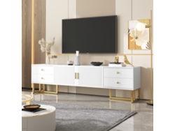 Mueble Para Tv De 175x30x46cm, Panel Inferior Con Puerta Texturizada, Cajones, Tiradores Dorados Y Patas Doradas, Color Blanco.