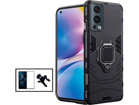 Kit Protector de Cristal Templado 5D Full Cover, Funda 3X1 Military Defender y Soporte Magnético de Coche Reforzado OnePlus Nord 2 5G PHONECARE Negro