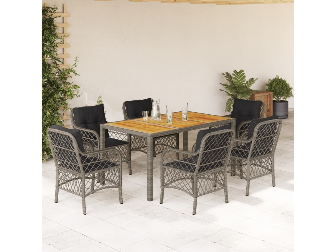 Juego de comedor de jardín de 7 piezas con cojines, mimbre gris, DKD Home Decor