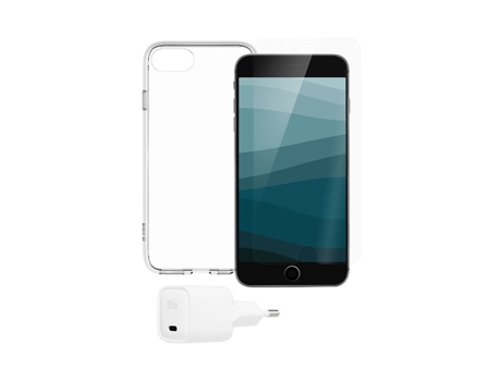 QDOS Starter Pack Funda para iPhone SE/8/7/6 Protector de Pantalla Cargador de Red Transparente