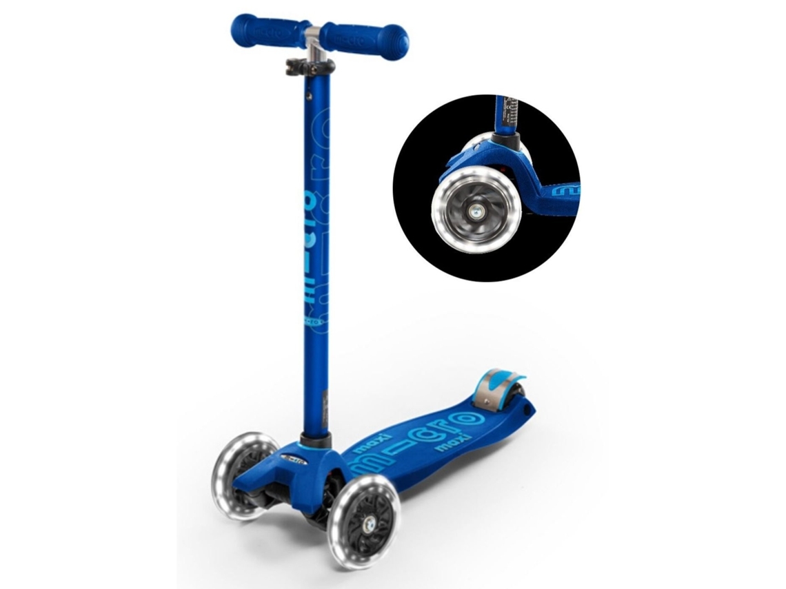 Patinete LED para niños Micro Maxi Deluxe, azul marino, manillar ajustable, ruedas LED.