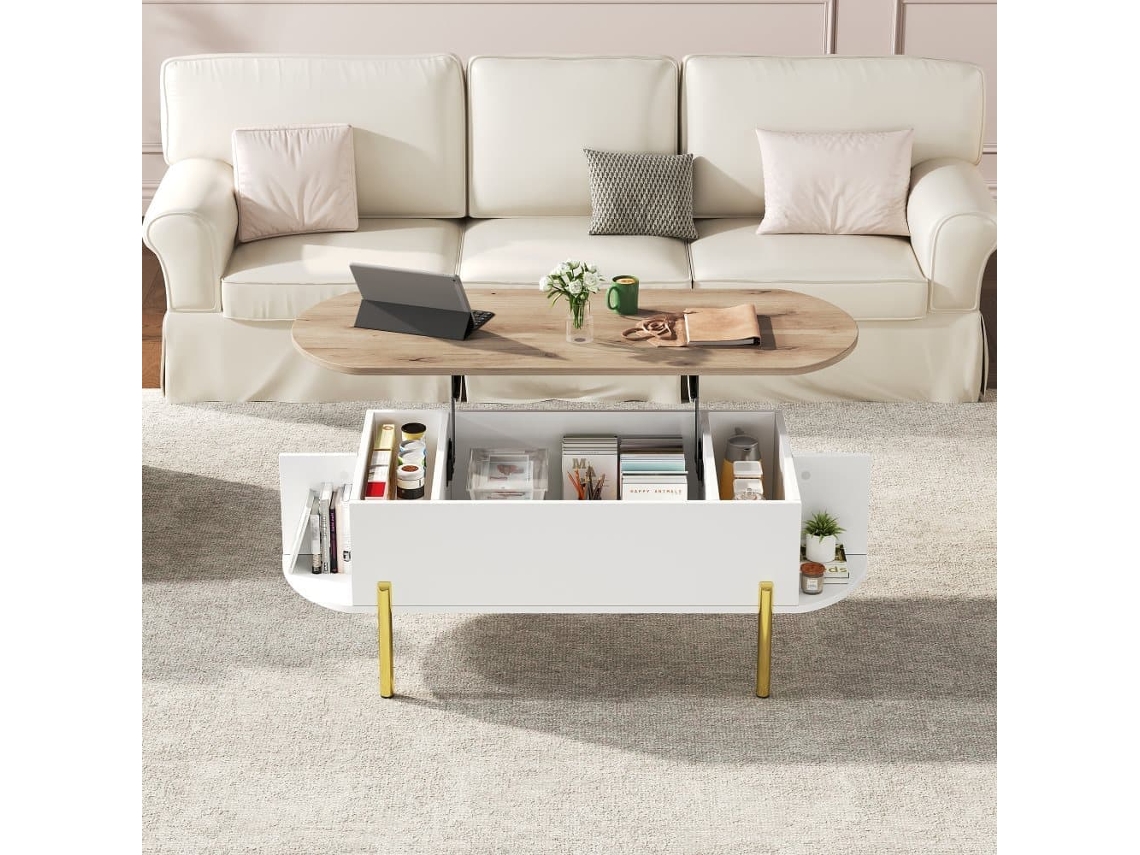 Mesa De Centro 120x50x43 Cm - Mesa Elevable Con 7 Estantes - Color Madera Y Blanco