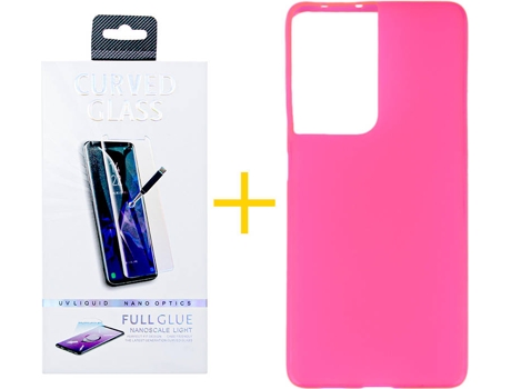 Carcasa y Protector de Pantalla de Vidrio Samsung S21 Ultra SKYHE Silicona Lisa Rosa
