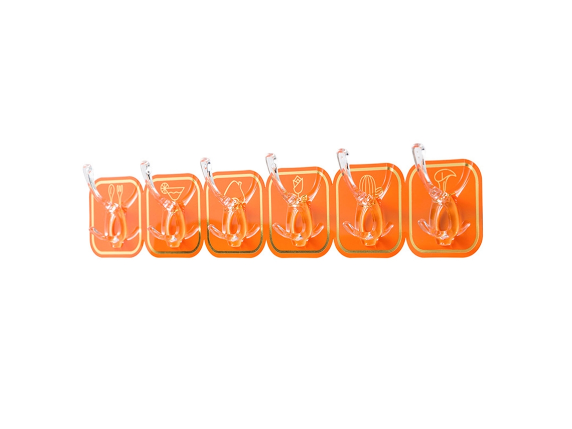 6 ganchos adhesivos acrílicos para montaje en pared, sin dejar rastro, sin perforaciones, con gran capacidad de sujeción para cocina y baño, color naranja.
