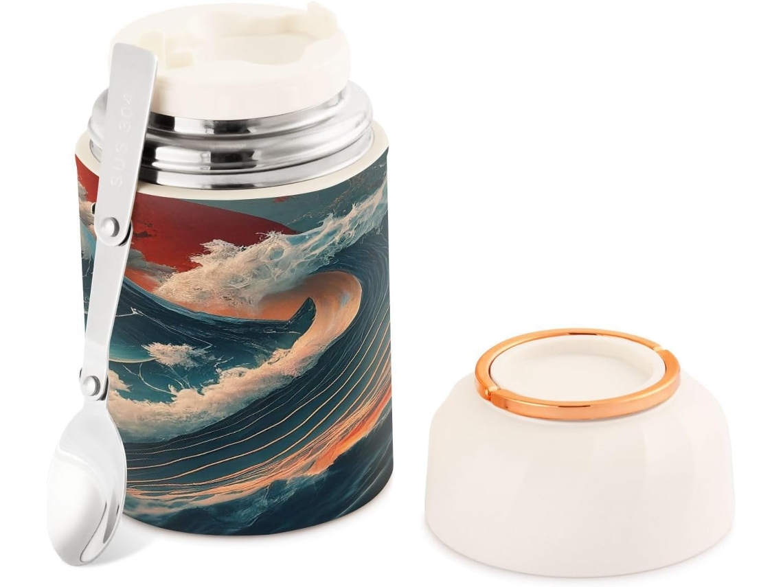 Tarro Térmico De Acero Inoxidable Sin Bpa 500 Ml Con Diseño Olas Japonesas, Boca Ancha Y Cuchara Incluida ...