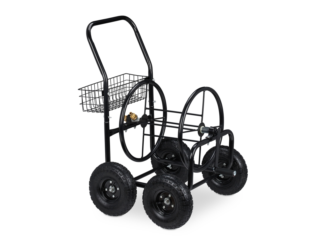 Relaxdays Carro Portamangueras, Hasta 75 M, 4 Neumáticos, Acoplamiento Por Clic, Cesta, Soporte Mangueras Metal, Negro